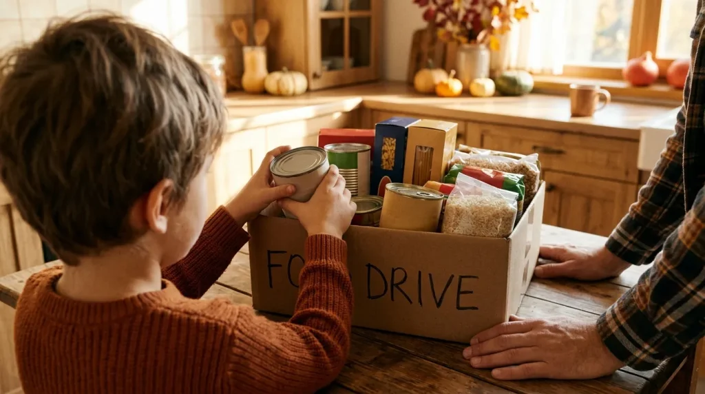 Child adding a can to a food drive box