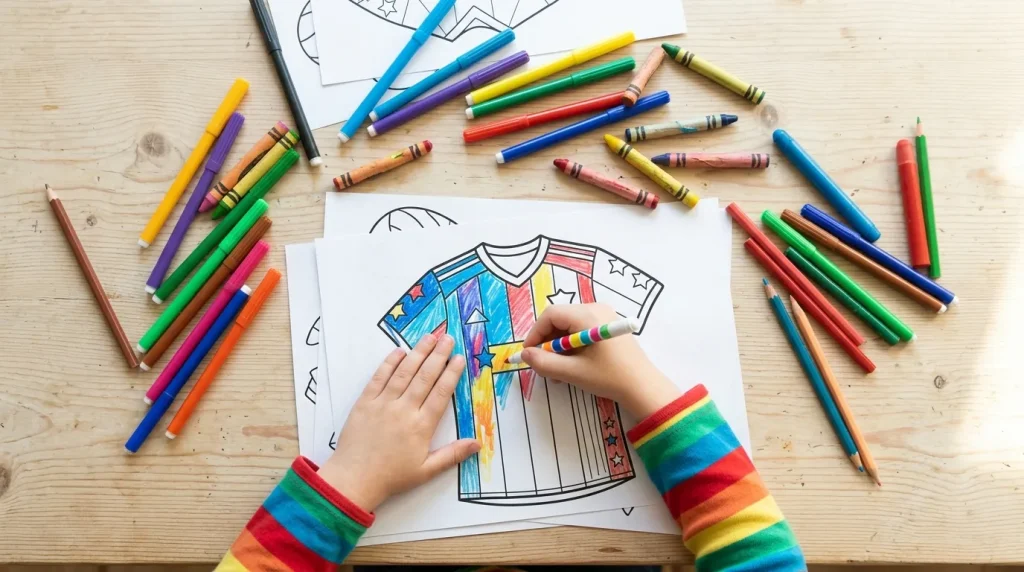 Child coloring a design-your-own jersey from the sports coloring pages