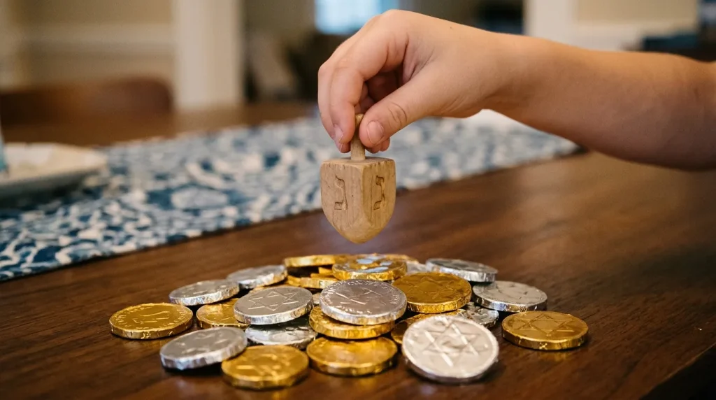 Child holding a wooden dreidel over chocolate gelt

