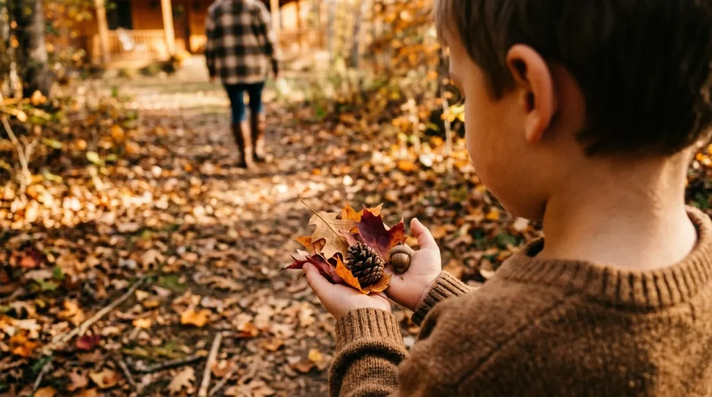 Child holding fall leaves, a pinecone and an acorn

