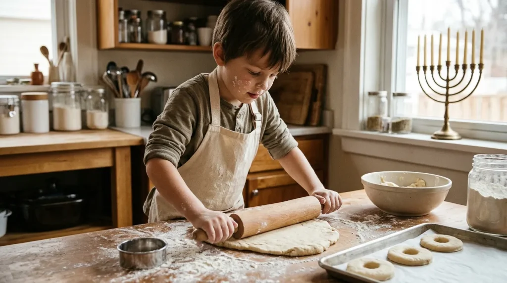Child in an apron rolling dough for jelly doughnuts