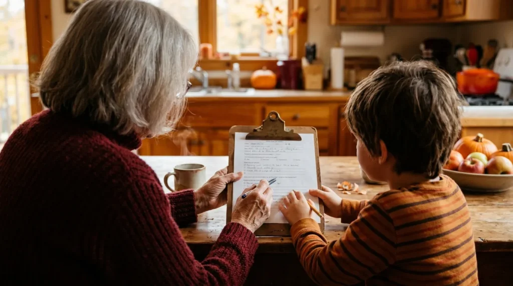 Child interviewing a grandparent with a printable question sheet