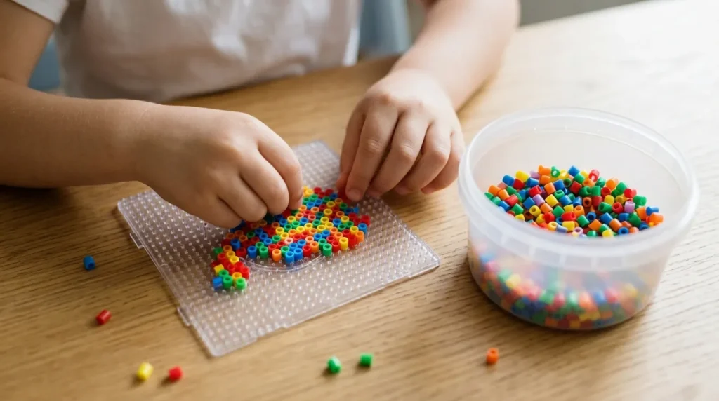 Child making a fuse bead pattern on a pegboard