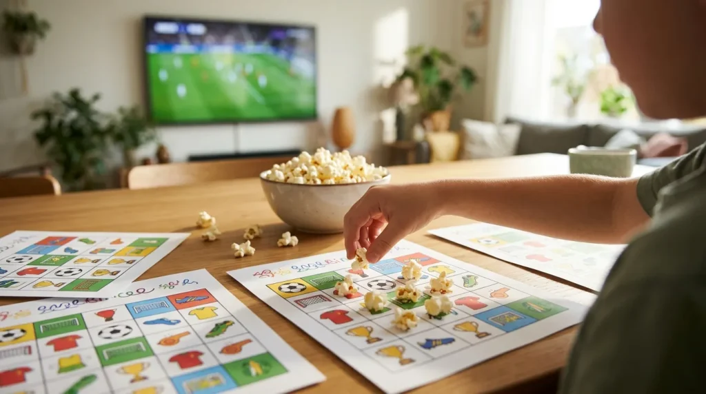 Child marking a soccer bingo card during a match on TV
