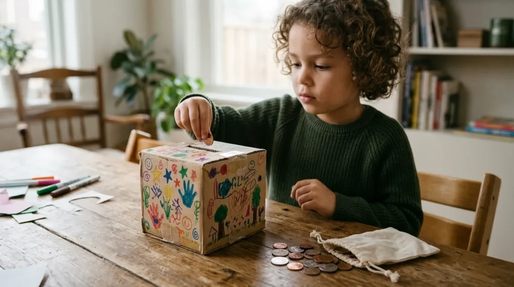 Child putting coins into a decorated charity box