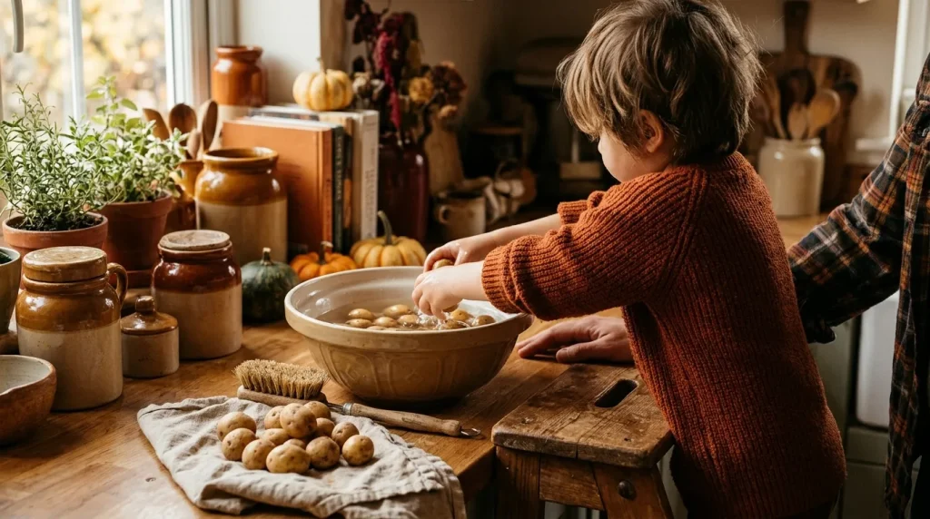 Child washing potatoes, one of the Thanksgiving activities for kids in the kitchen