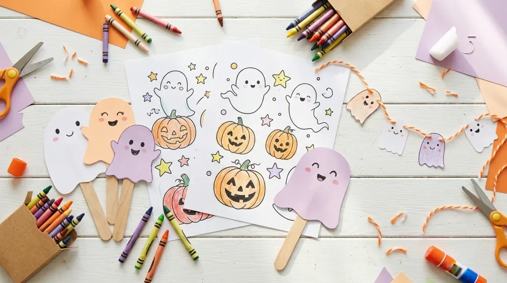 Colored ghost coloring pages cut out as stick puppets and a garland