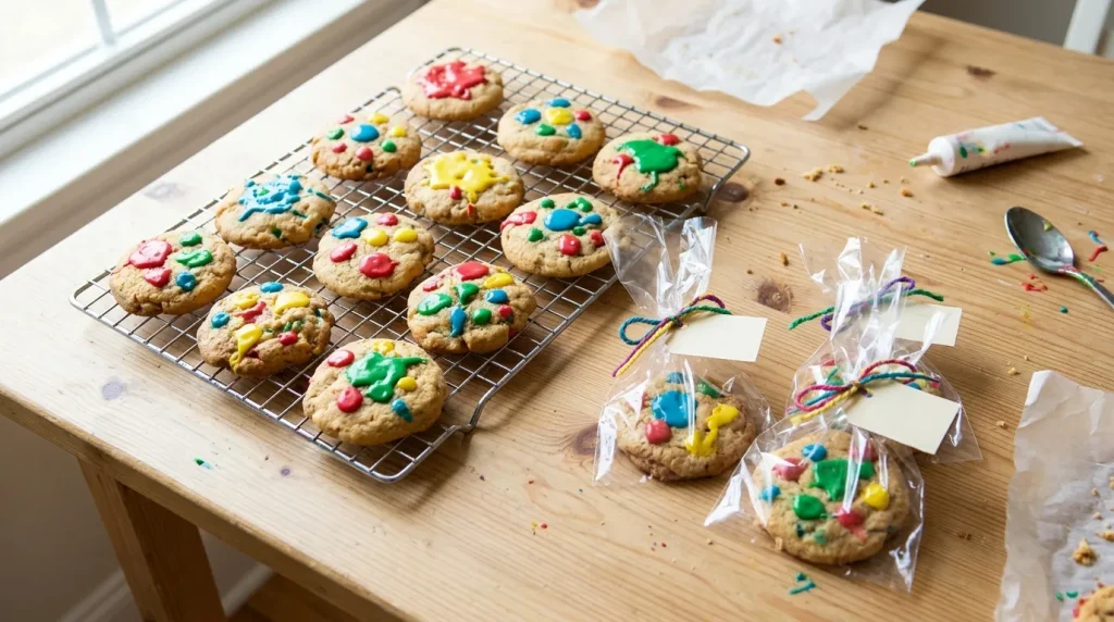 Cookies with colorful icing spots for a bake sale