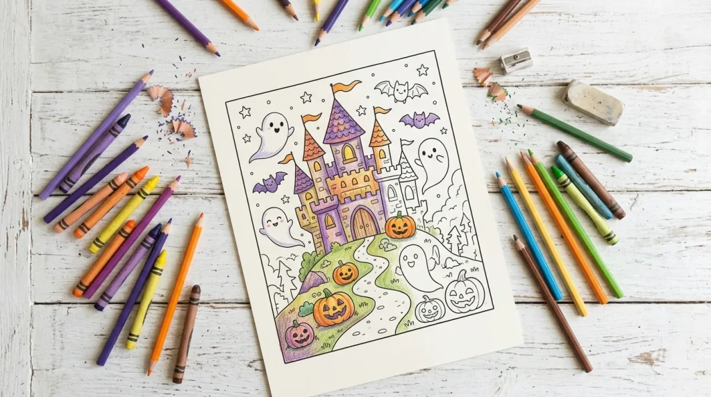 Detailed ghost coloring pages for older kids, ghost castle under a full moon