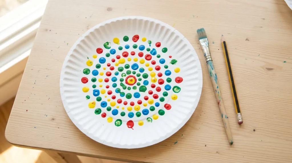 Dot mandala painted on a paper plate