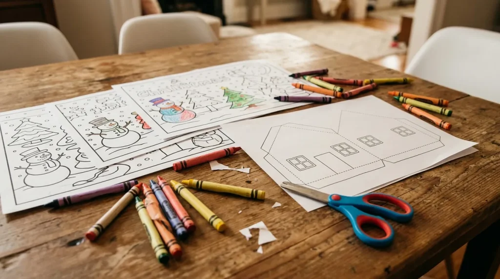 Free printable coloring pages and a paper gingerbread house template with crayons