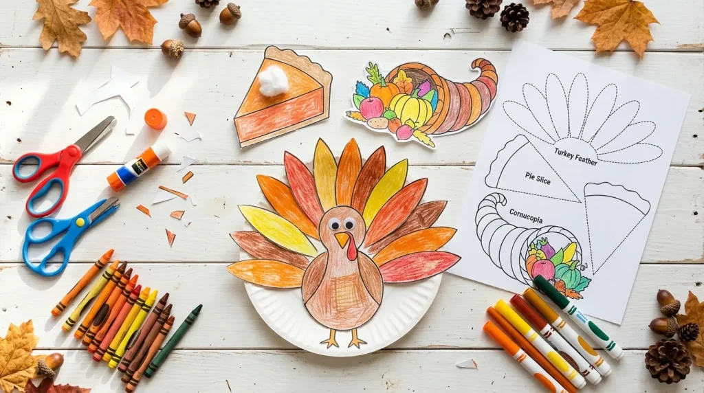 Free printable turkey feather, pie slice and cornucopia templates for Thanksgiving crafts for kids