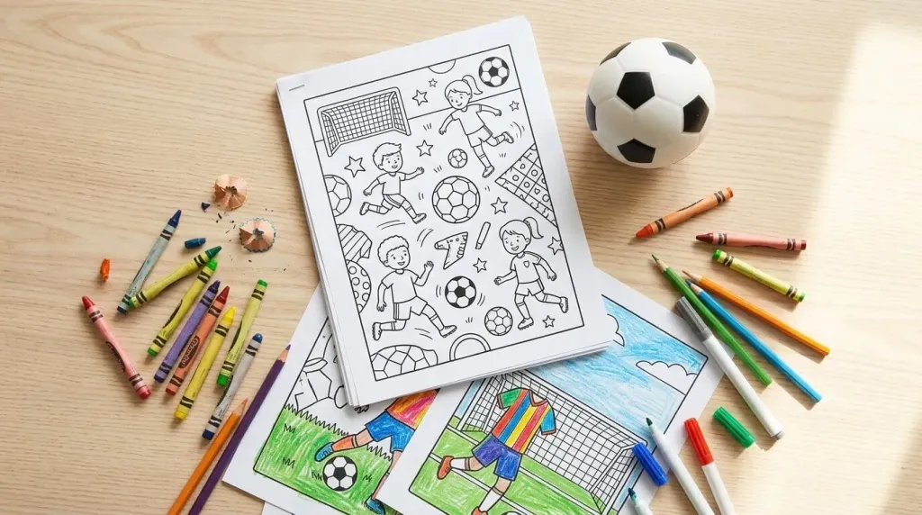 Free soccer coloring pages PDF, printed and stapled

