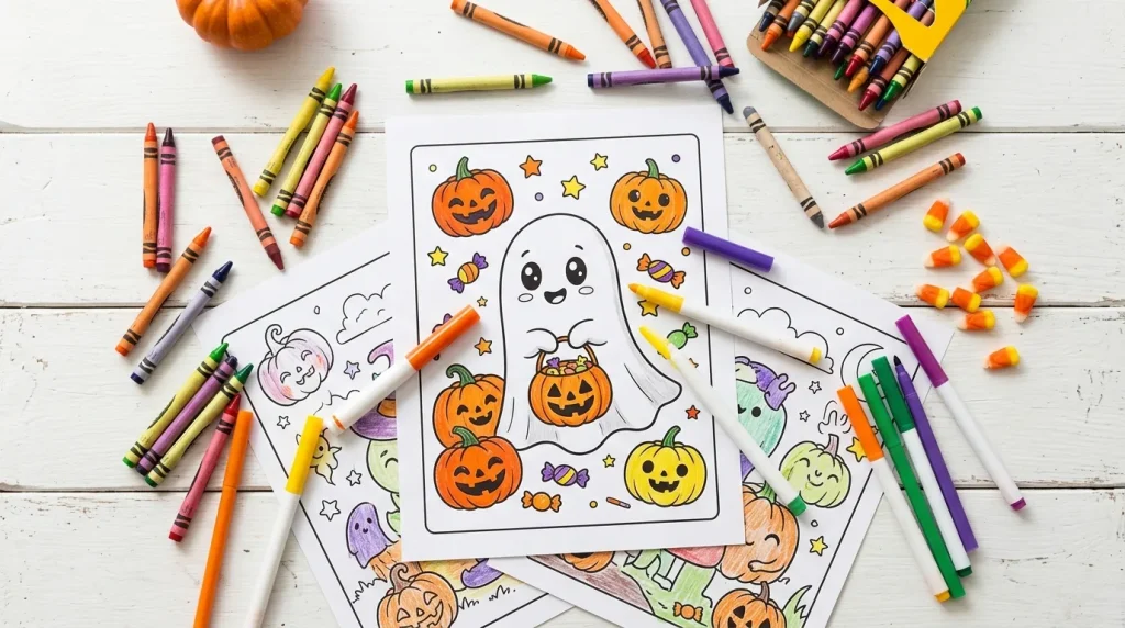 Ghost trick-or-treating coloring page colored with markers
