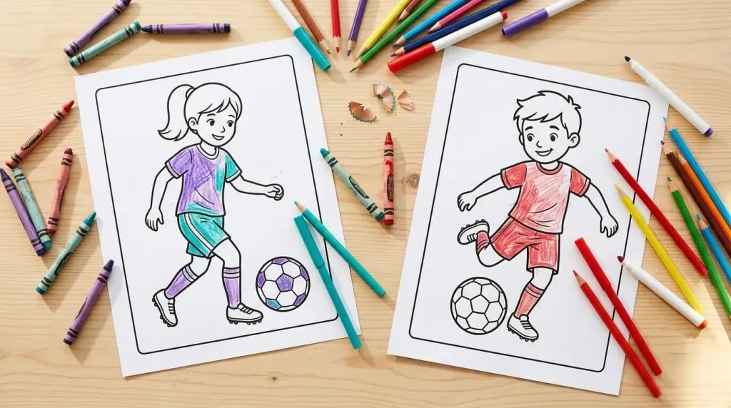 Girl dribbling and boy kicking soccer player coloring pages