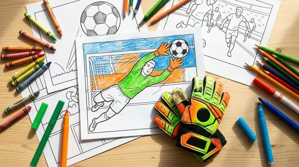Goalkeeper diving coloring page with real goalkeeper gloves