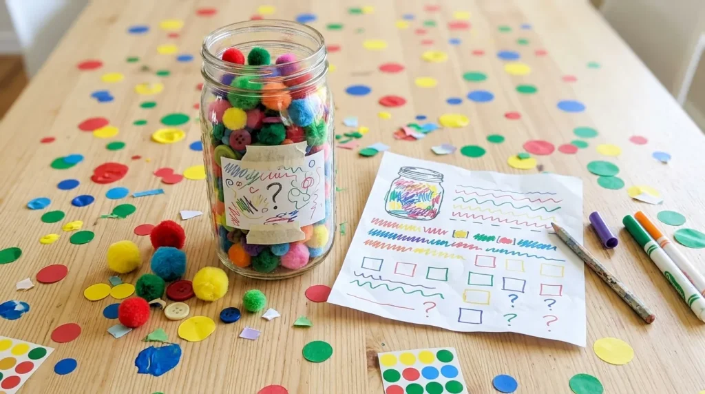 Guess the spots jar filled with pom-poms and buttons