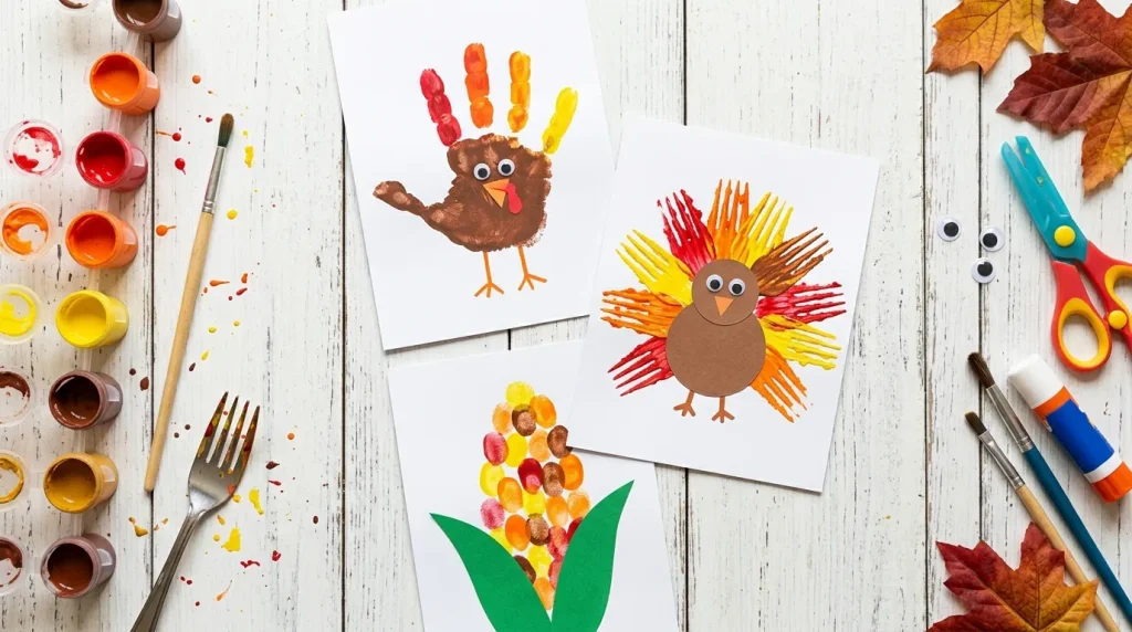 Handprint turkey and fork-painted turkey Thanksgiving crafts for kids