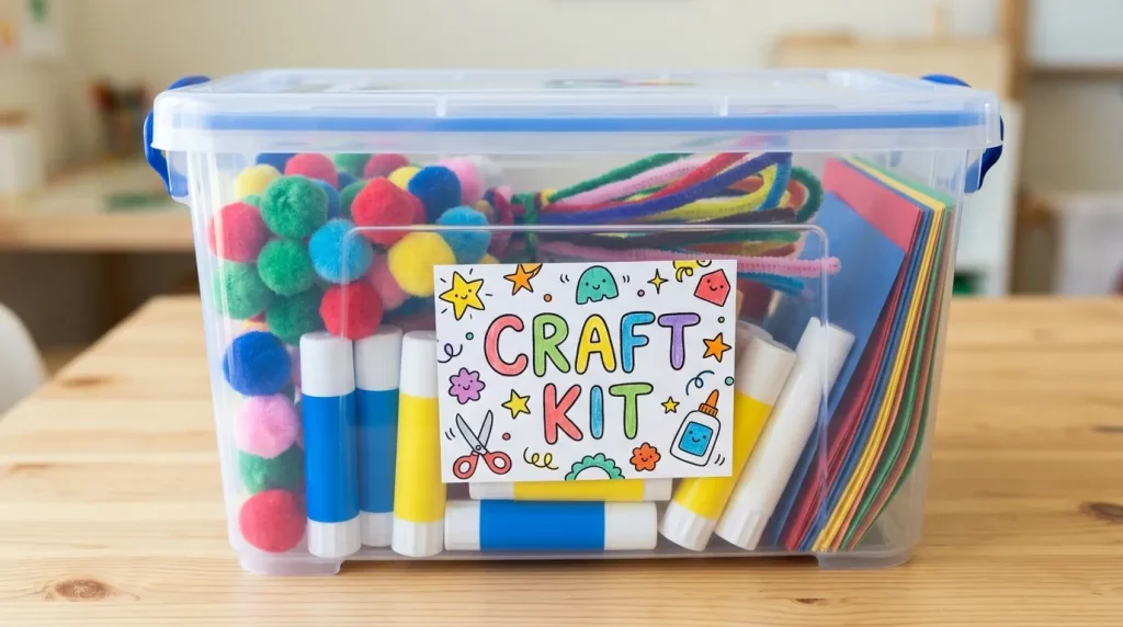 Homemade craft kit gift box filled with pom-poms, pipe cleaners and glue sticks
