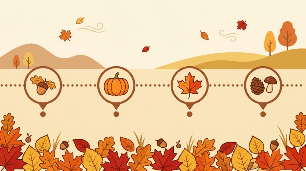 Illustrated timeline of Canadian Thanksgiving with four markers and autumn leaves