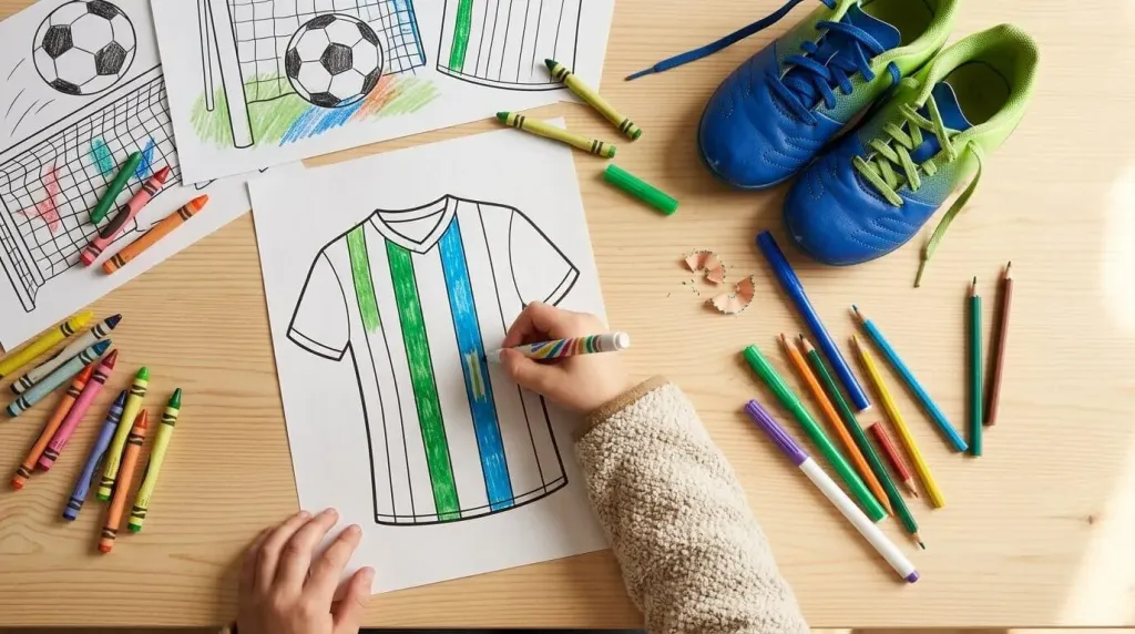 Kid coloring a soccer jersey page in stripes beside a pair of cleats