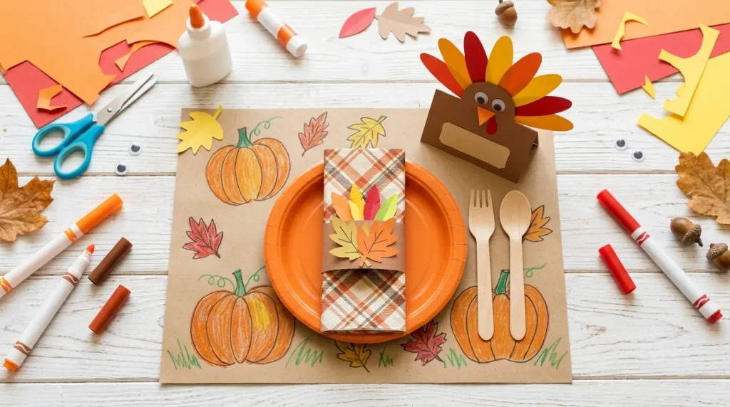 Kid-made turkey place card and paper napkin ring on a Thanksgiving table