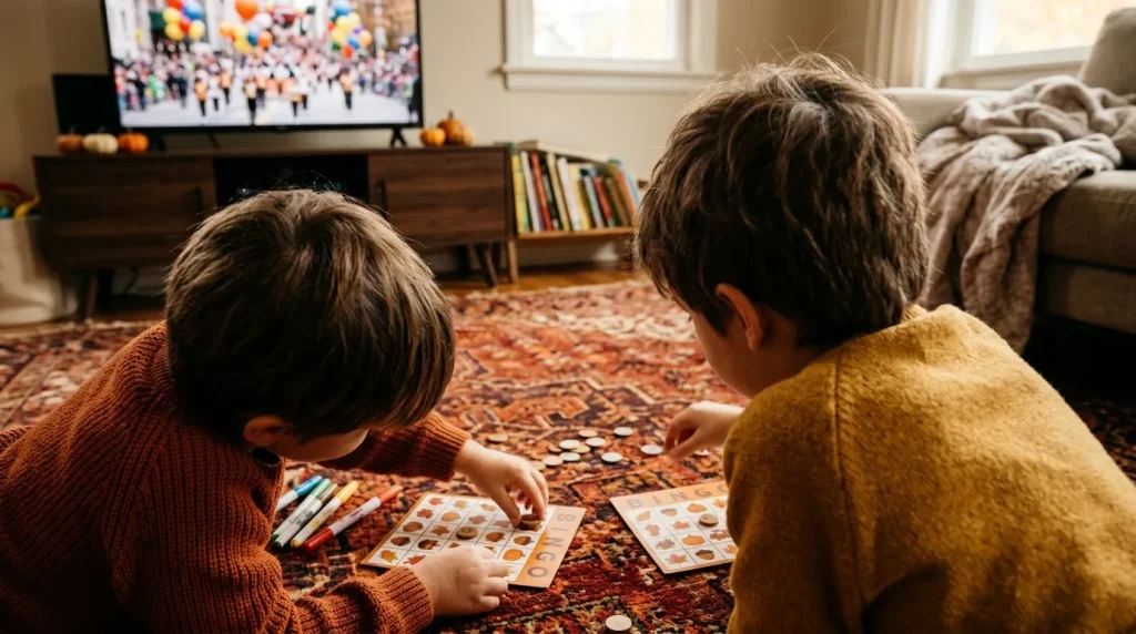 Kids playing picture Thanksgiving bingo on a rug