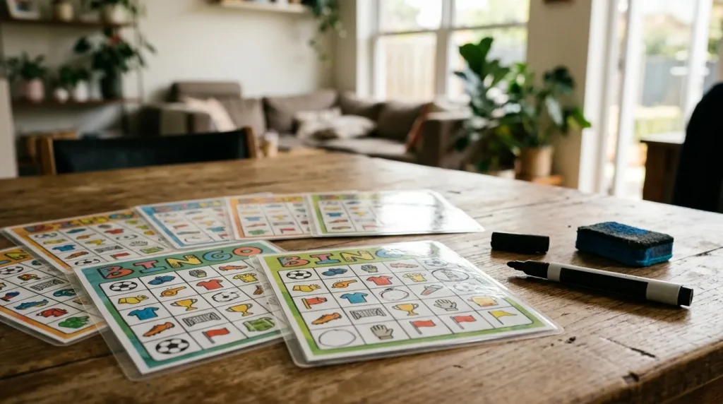 Laminated bingo cards with a whiteboard pen