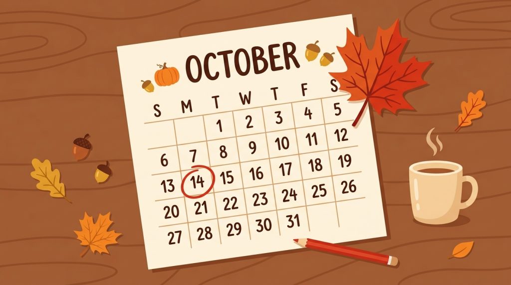 October calendar with the second Monday circled and a maple leaf on the corner