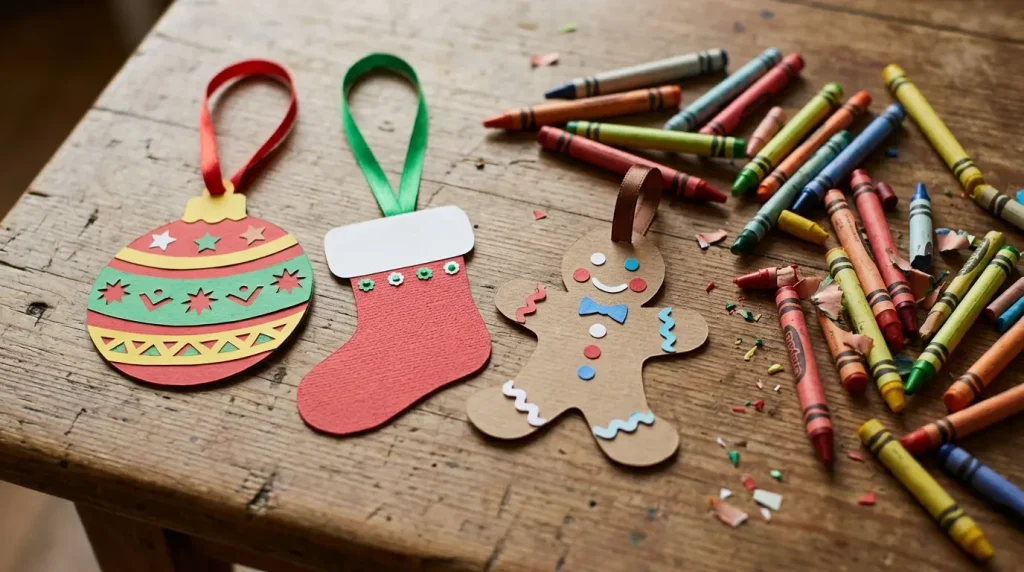Paper Christmas ornaments colored in by kids with ribbon loops