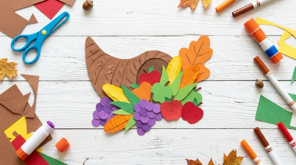 Paper cornucopia filled with paper apples, corn and grapes