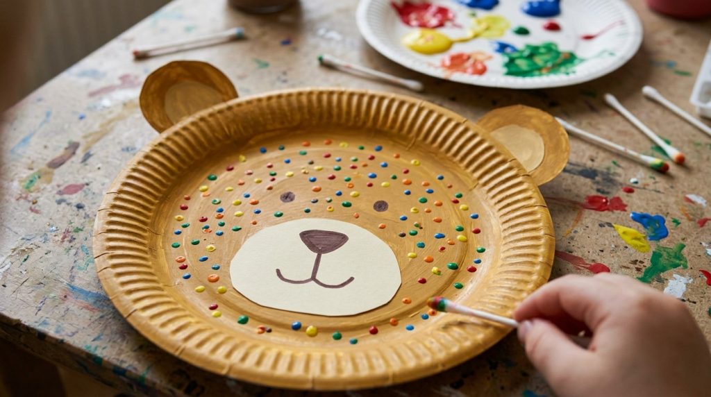 Paper plate bear craft covered in painted spots
