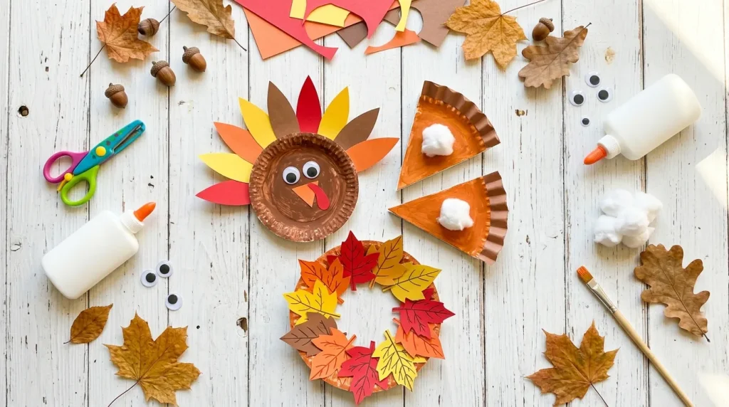 Paper plate turkey, pumpkin pie slices and leaf wreath