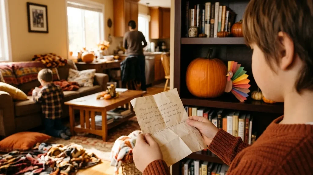 Paper turkey hidden on a shelf for a Thanksgiving scavenger hunt

