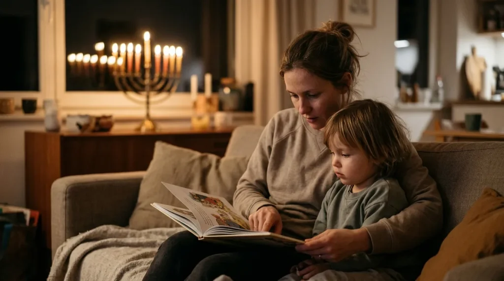 Parent reading a Hanukkah picture book to a child