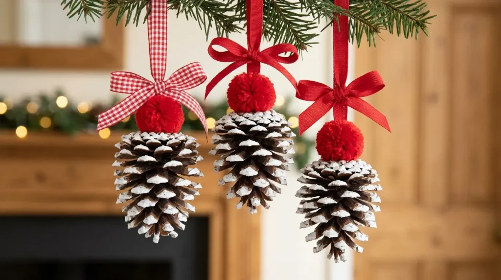 Pinecone ornaments with white painted tips and pom-poms