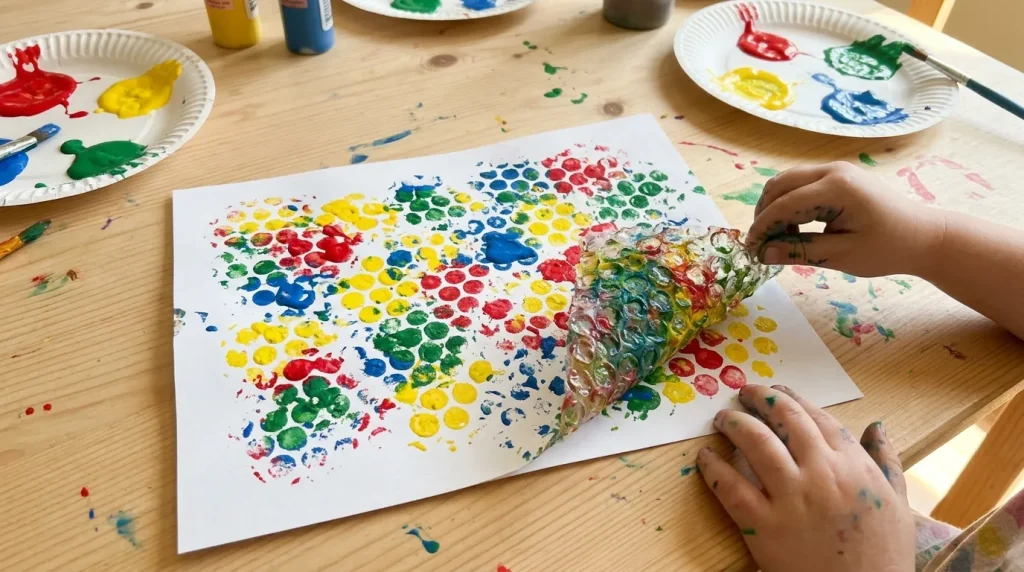 Rainbow bubble wrap spot prints on paper