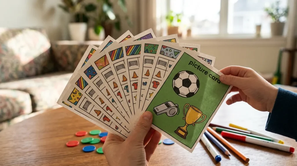 Soccer bingo match cards and a picture bingo card