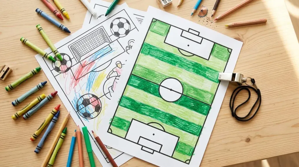 Soccer field from above, one of the free soccer coloring pages, colored in green stripes
