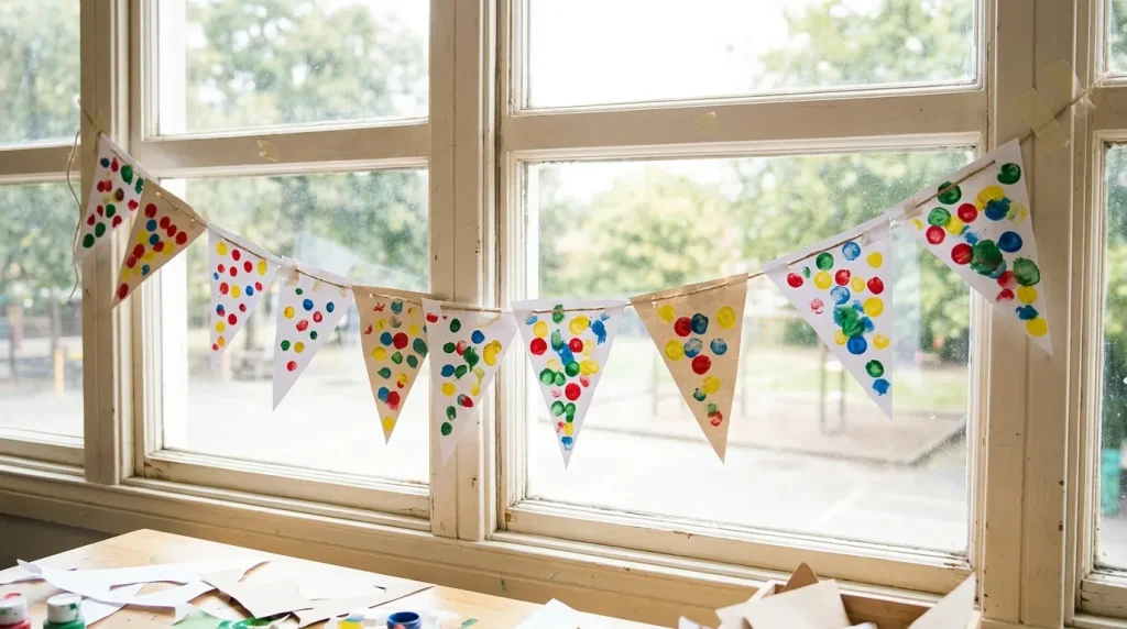 Spotty paper bunting hung across a window