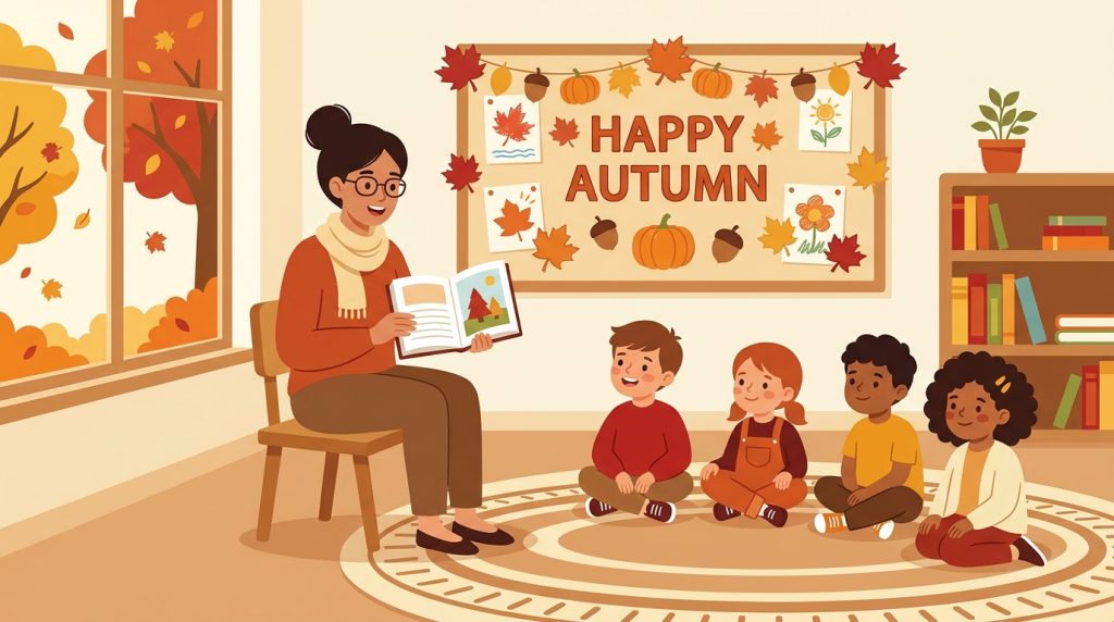 Teacher reading a Canadian Thanksgiving passage aloud to children on a carpet
