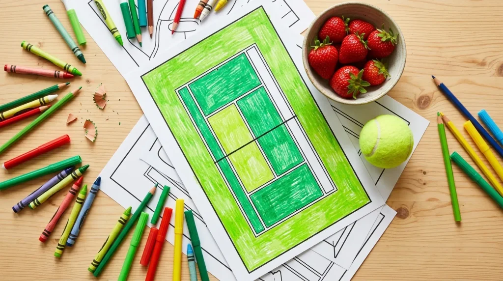 Tennis court coloring page with a tennis ball and strawberries