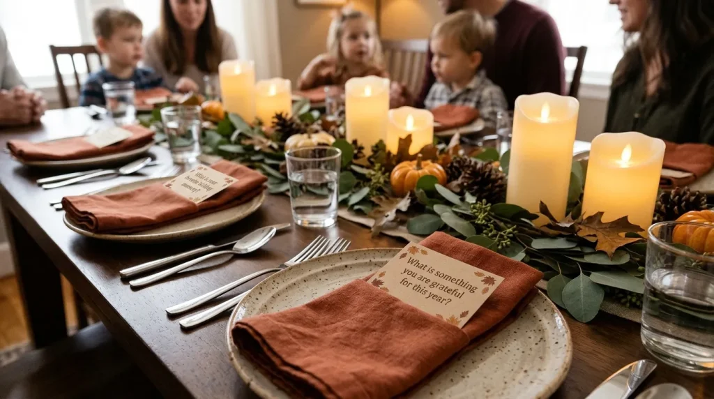 Thankful conversation cards by each plate at Thanksgiving dinner