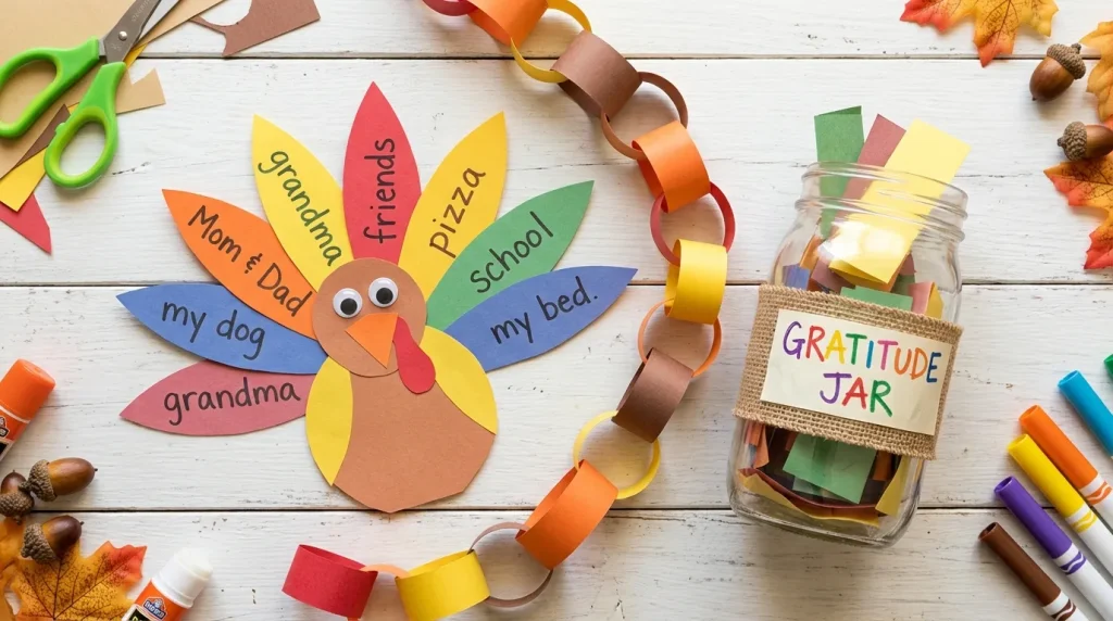 Thankful turkey craft with handwritten feathers, a gratitude jar and a paper chain