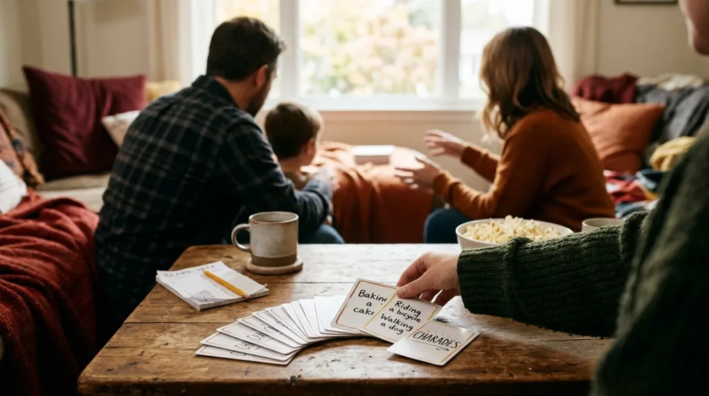 Thanksgiving charades cards on a coffee table