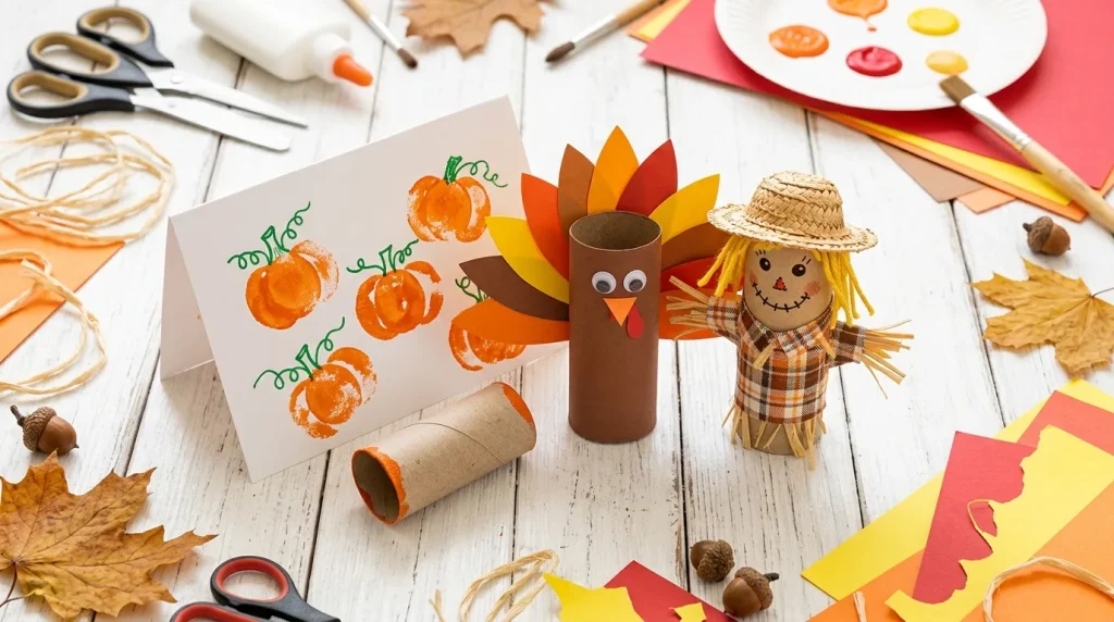 Toilet roll turkey, scarecrow and pumpkin stamping crafts