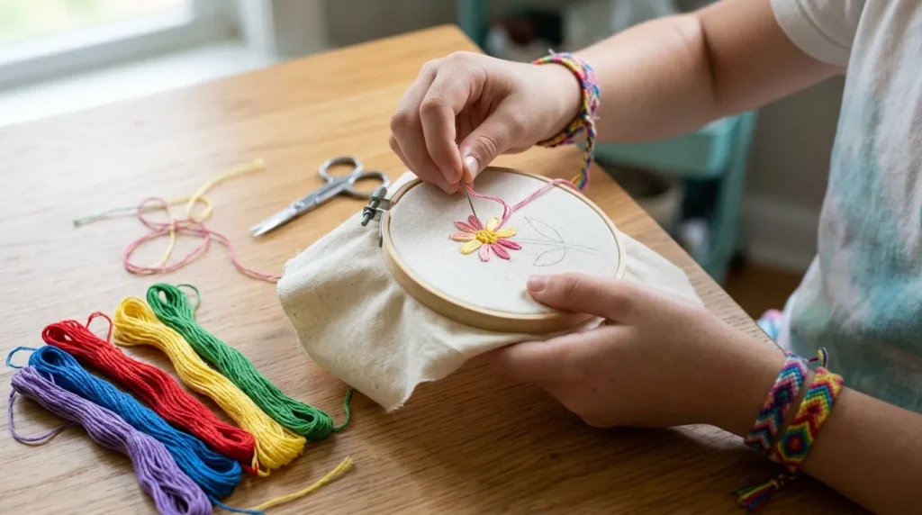 Tween stitching a flower in an embroidery hoop