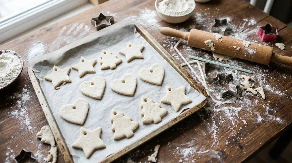 Unpainted salt dough ornaments with cookie cutters and a rolling pin