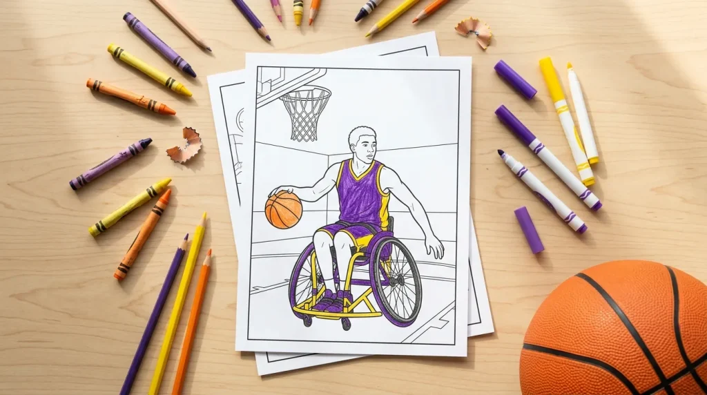 Wheelchair basketball player coloring page colored in purple and yellow