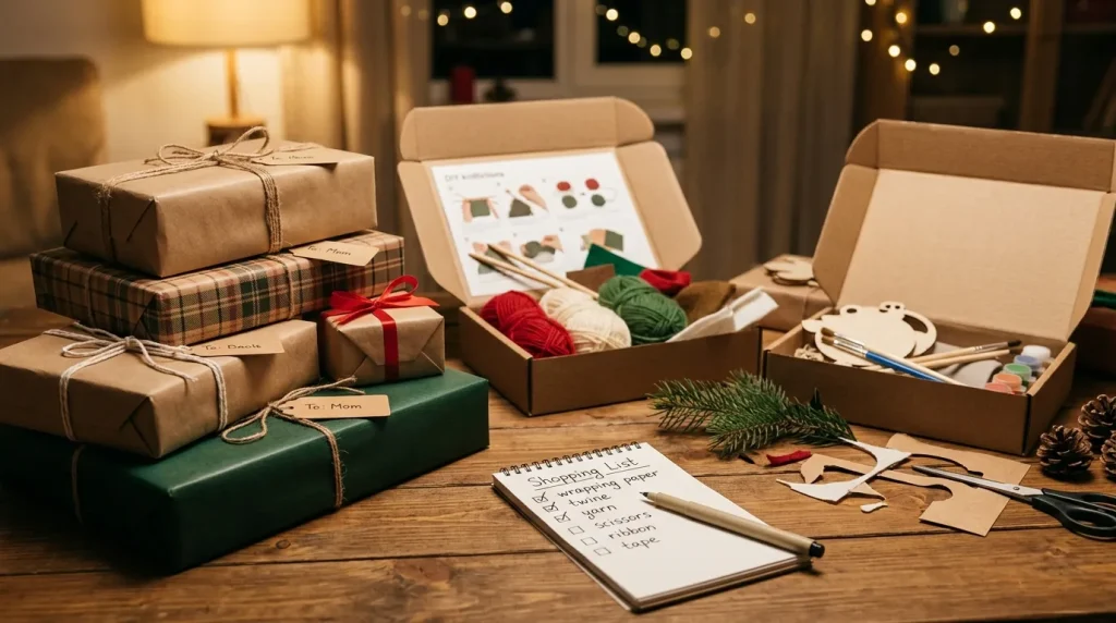 Wrapped presents and kids' craft kits next to a Black Friday shopping list